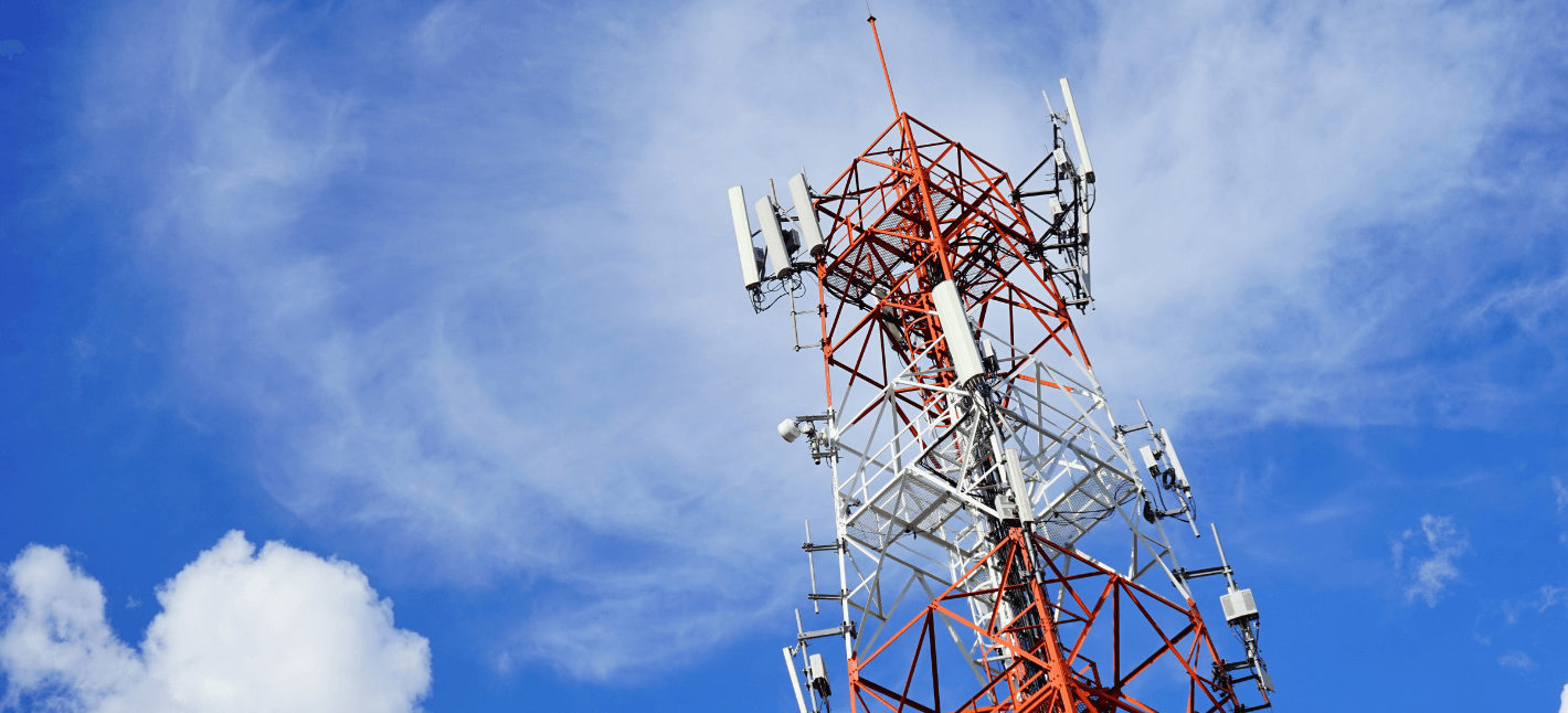 5G Telecommunication station on the blue sky background
